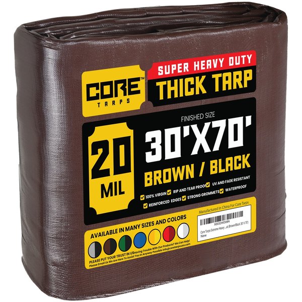 Core Tarps 70 ft L x 0.5 mm H x 30 ft W Heavy Duty 20 Mil Tarp, Brown/Black, Polyethylene CT-702-30X70